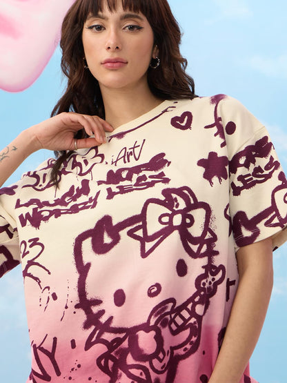 The Souled Store Official Hello Kitty: Laugh More Women and Girls Short Sleeve Round Neck Graphic Printed Cotton Oversized T-Shi