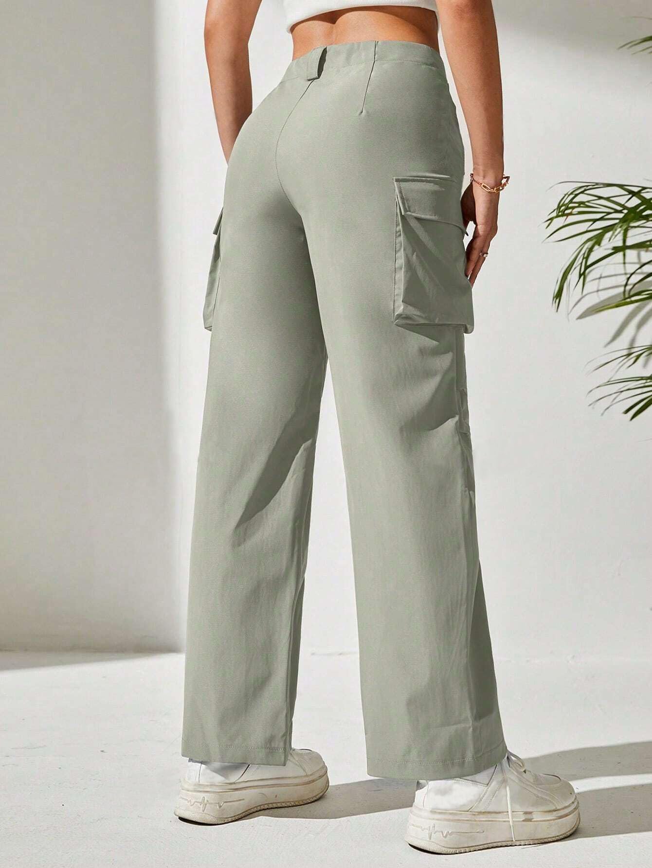 TAGAS Womens Solid Flap Pocket Mid Rise Cargo Pants || Cargo for Women Green