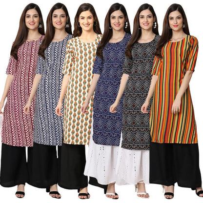 Pinkmint Straight Vibrant Colour Crepe KurtiS For WomenS Ll Fashion Fusion Kurti Ll Summer Kurti (Pack Of 6)