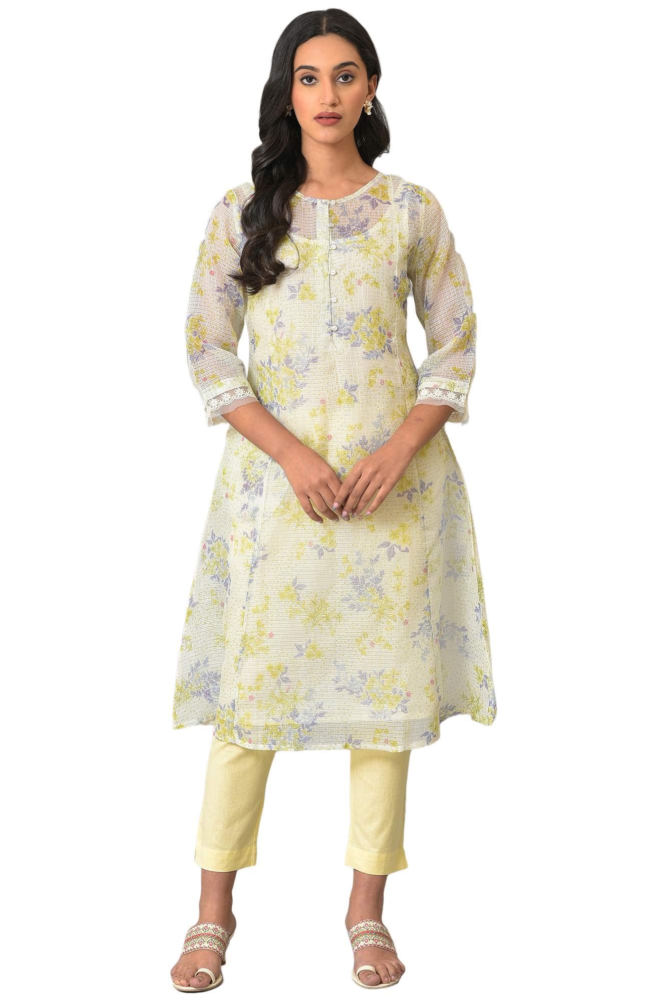 W Ecru Floral Printed Synthetic Lace Regular Kurta For Women
