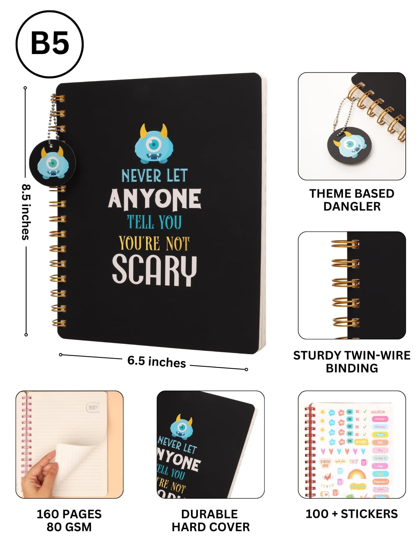 Doodle Hardbound Spiral Notebook Diary With Bookmark Dangler And 100+ Stickers | B5 | 160 Undated Ruled Pages | 80 Gsm Acid Free