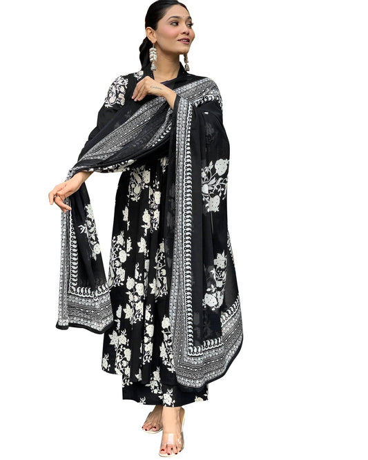 Toochki WomenS Rayon Blend Anarkali Printed Kurta With Palazzo And Dupatta Black