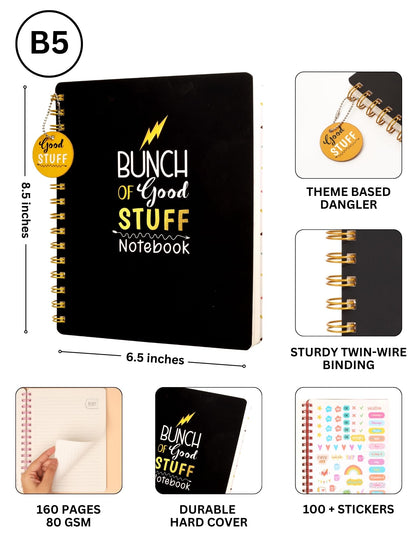 Doodle Hardbound Spiral Notebook Diary With Bookmark Dangler And 100+ Stickers | B5 | 160 Undated Ruled Pages | 80 Gsm Acid Free