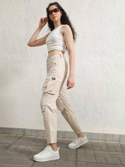 Hubberholme Women Beige Smart Casual Summer Cotton Regular Fit Solid Trousers