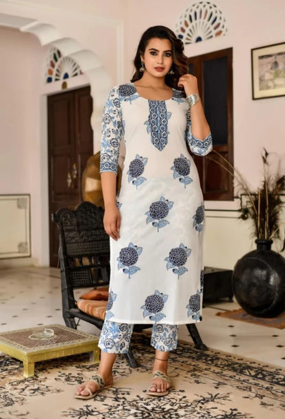 Yashika Women's Trendy Cotton Blend Straight Kurta Pant Dupatta Set with Elegant Prints - Versatile Ethnic Ensemble for Casual & Festive Occasions