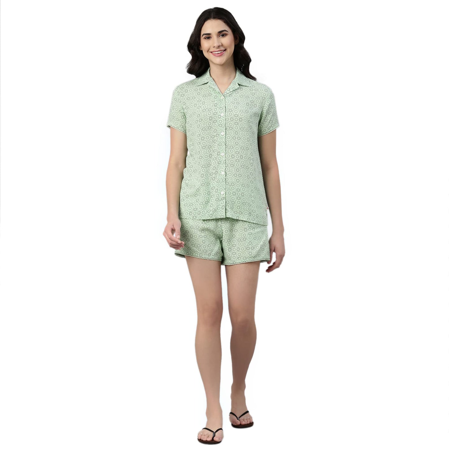 Enamor EC13 Printed Slounge Shirt and Shorts Set for Women with Scallop Lace Trim