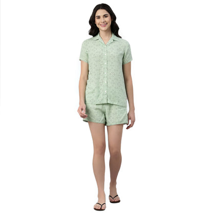 Enamor EC13 Printed Slounge Shirt and Shorts Set for Women with Scallop Lace Trim