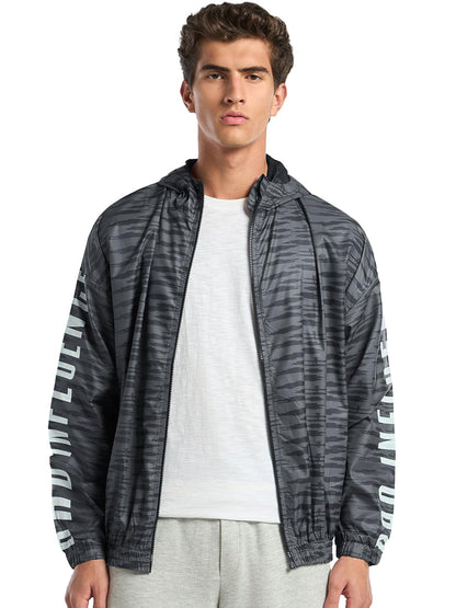 Bewakoof Air 1.0 Mens Typography Super Loose Fit Full Sleeve Hooded Neck Nylon Windcheater Jacket_ 601628 Grey S