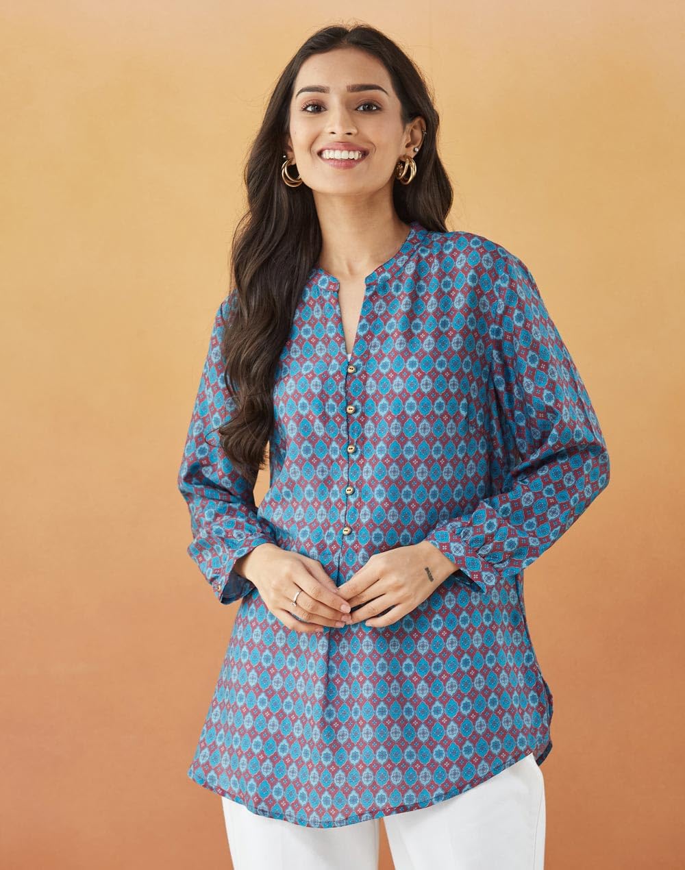 Fabindia WomenS Printed Regular Fit Tunic Top (1038747Blue_Blue