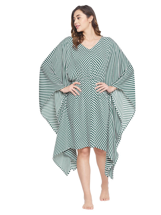 Clovia WomenS Nylon Striped Knee Length Kaftan (Ns0836P17O_Green_Free Size)