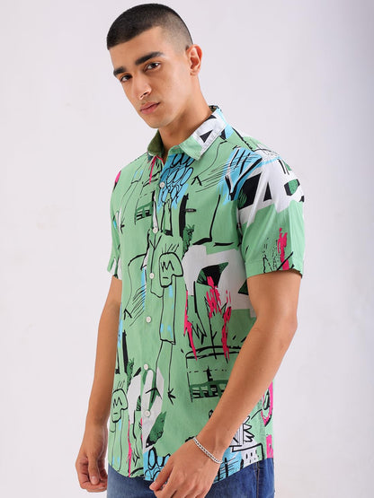 The Indian Garage Co Men Green Abstract Printed Slim Fit Cotton Casual Shirt