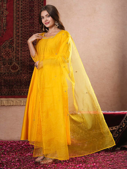 Gosriki WomenS Rayon Blend Anarkali Solid Kurta With Pant & Dupatta (Sitapati Yellow-Vks01-Gs_L_Yellow_Large)