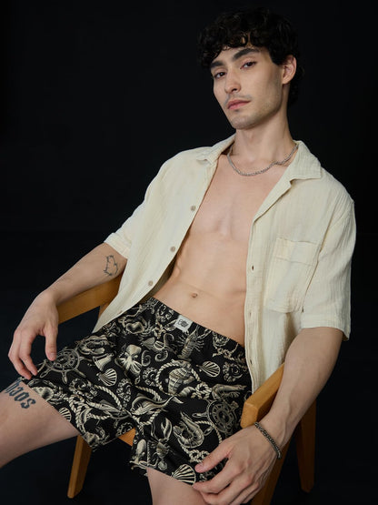 The Souled Store Dark Sea Men and Boys Pull On Black All Over Printed Regular Fit Cotton Boxer Shorts