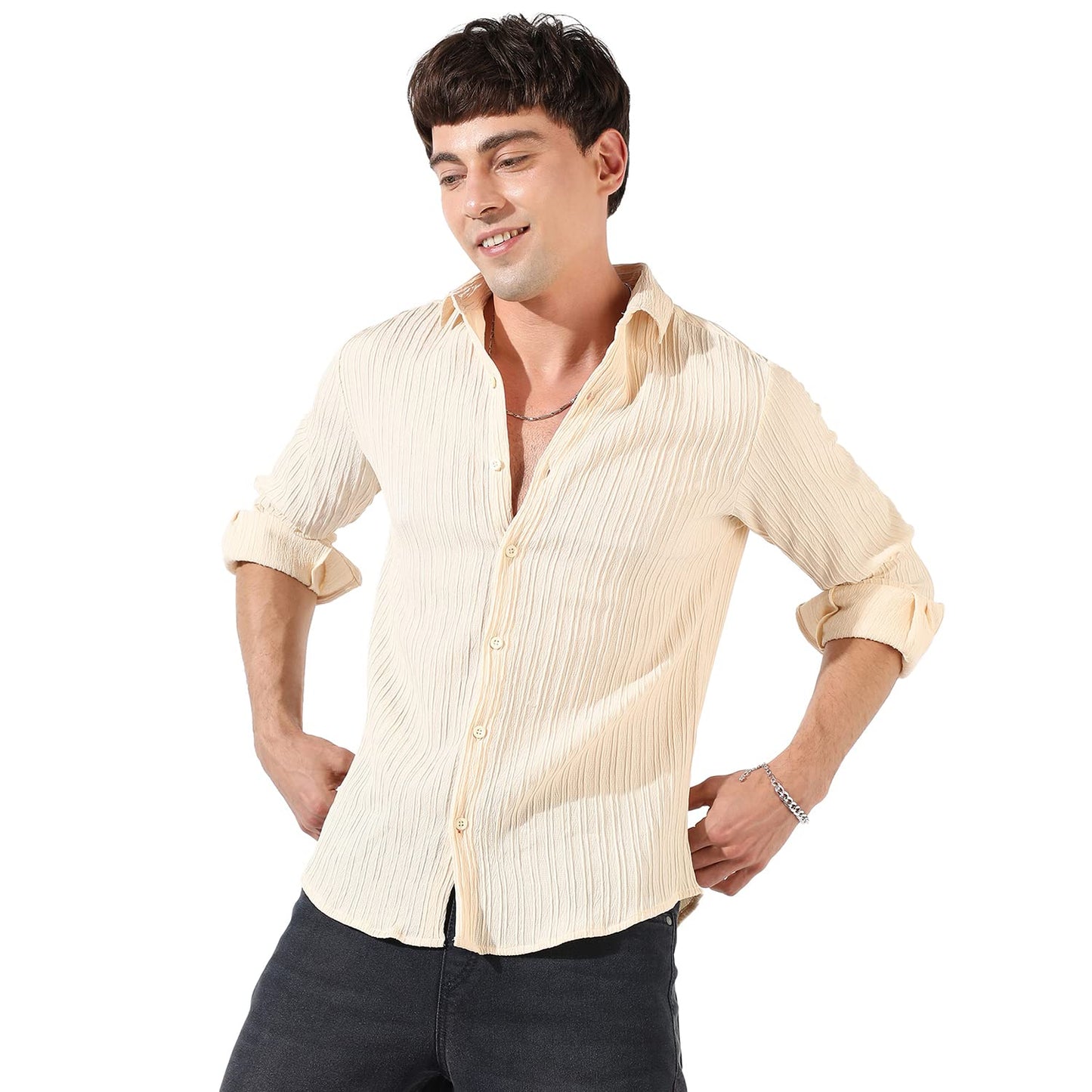 Campus Sutra Mens Light Yellow Textured Button Up Spread Collar Shirt for Casual Wear | Regular Fit | Poly Lycra Shirt Crafted