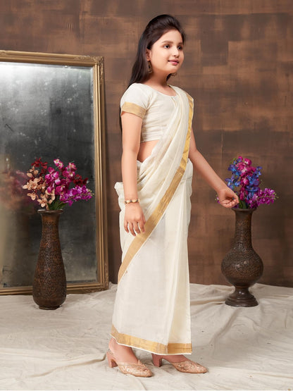 Aarika Girls Ethnic Wear Cream Colour Onam Cotton Blend Saree (3-9 Years)