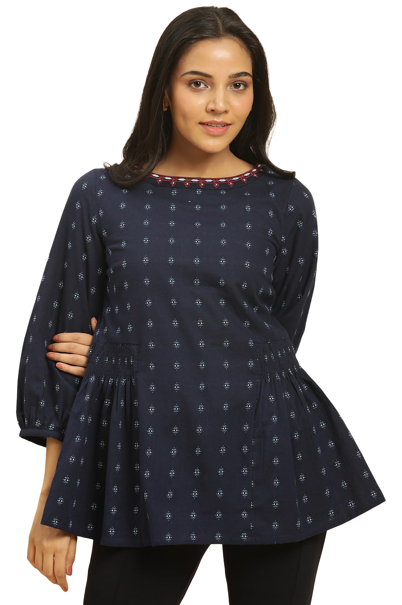 W For Woman Blue Cotton Floral Printed Tunic Top With Thread W For Womanork