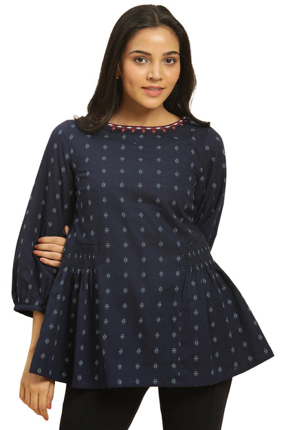 W For Woman Blue Cotton Floral Printed Tunic Top With Thread W For Womanork