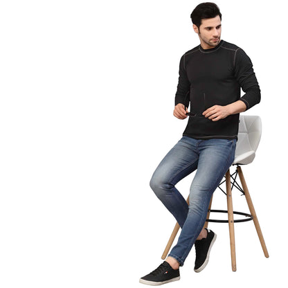 Rigo Men Black Poly Corduroy T-Shirt