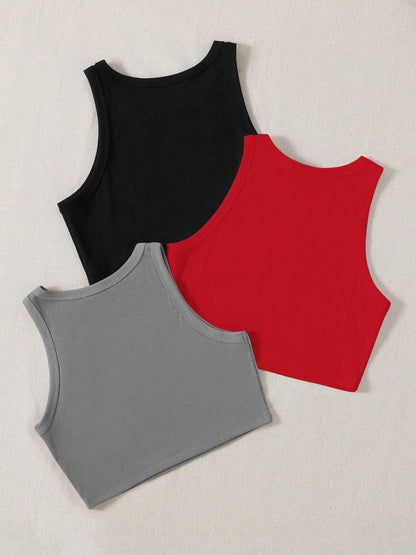 Toochki Tops for Woman | Spandex Top | Crop | Short | Western | for Jeans | Sleeveless | Stretchable | Pack of Three | Black-RED