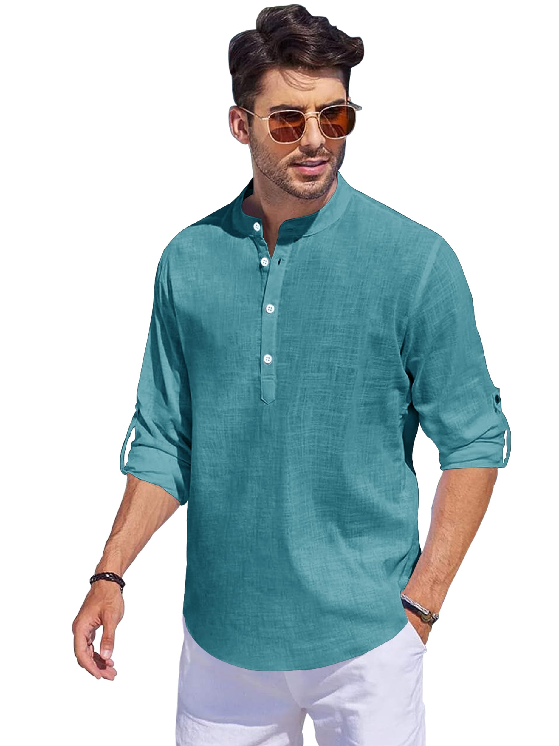 Noble Monk Men Full Sleeve Solid Casual Regular Fit Mandarin/Chinese Collor Short Kurta For Men Ink Blue
