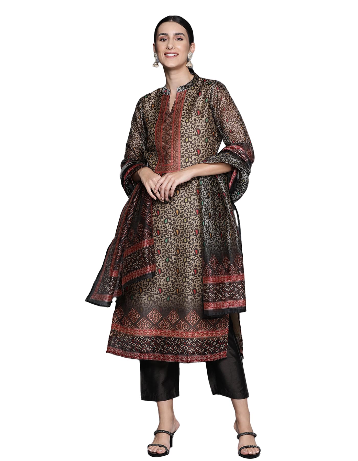 Varanga Women Brown Printed Straight Kurta With Solid Bottom And Printed Dupatta  Floral Mandarin Collar, Three Quarter Sleeves,