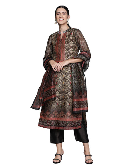Varanga Women Brown Printed Straight Kurta With Solid Bottom And Printed Dupatta  Floral Mandarin Collar, Three Quarter Sleeves,