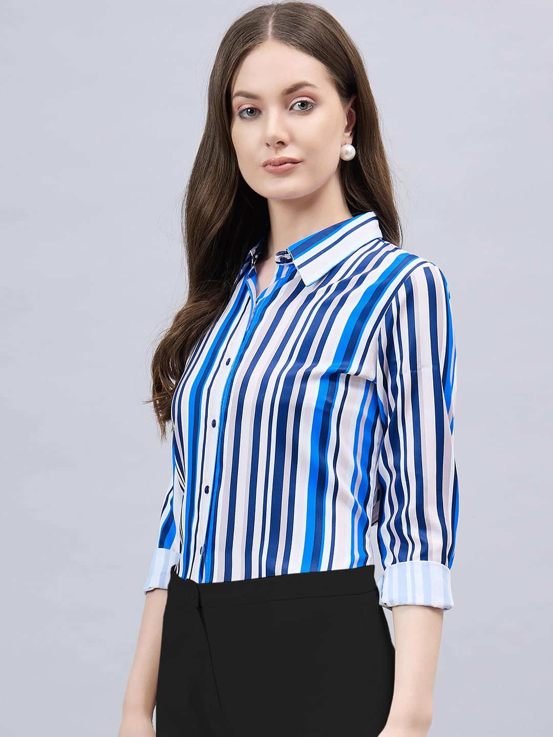 Style Quotient Women Blue and Multi Stripe Printed Polyester Regular Fit Formal Shirt