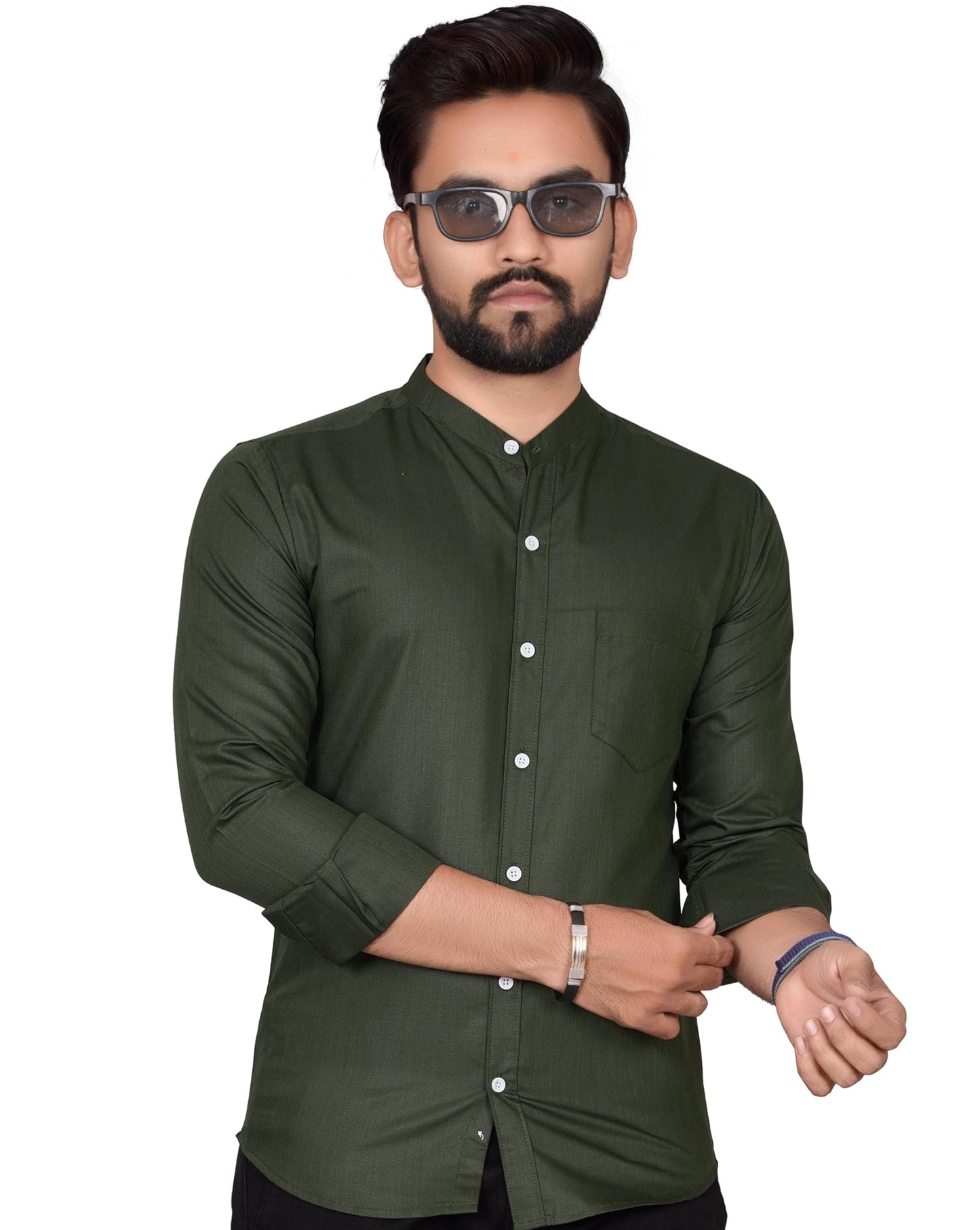 Besix MenS Cotton Solid Shirt With Mandarin Collared Full Sleeve Button Closure Curved Hem Straight Length And One Pocket | Mdr