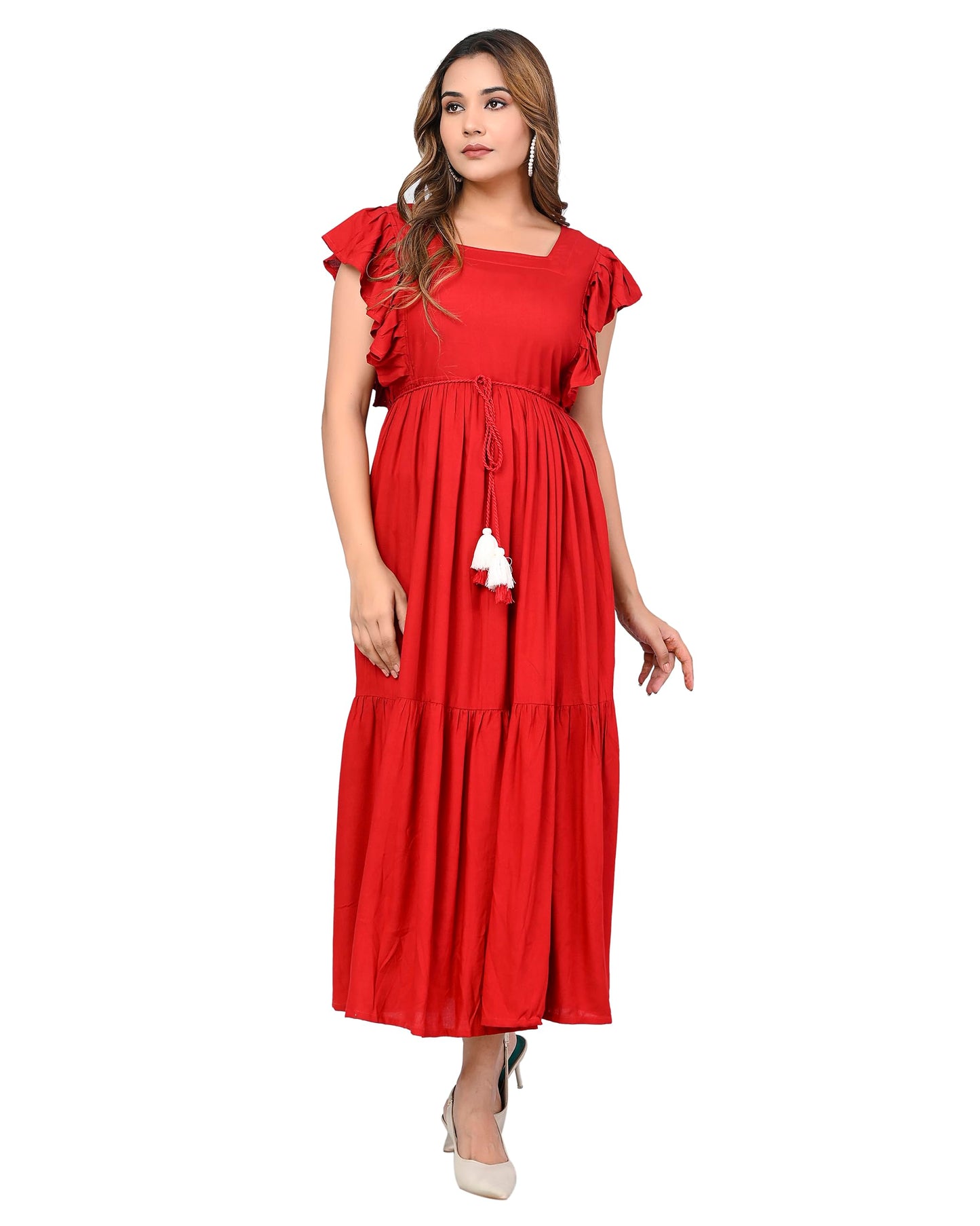 Digital Shopee Western Dress For Women Viscose Rayon Solid Long Puff Sleeves Fit & Flared Dress Square Neck One Piece Solid Pack