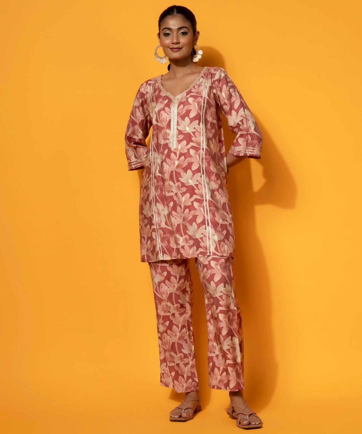 Libas Womens Printed Silk Blend Co-Ord Set For Women Rust
