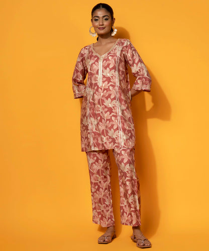 Libas Womens Printed Silk Blend Co-Ord Set For Women Rust