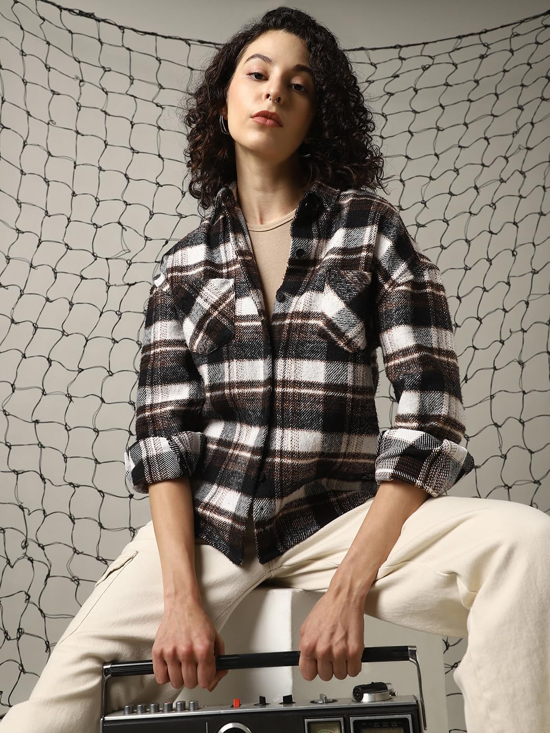 Hubberholme Women Cotton Check Oversized Fit Spread Collar Full Sleeves Shirts