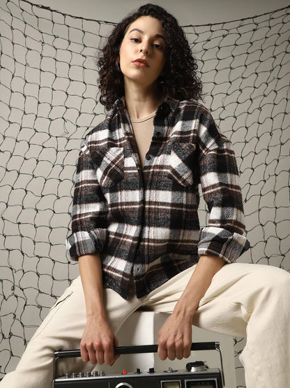 Hubberholme Women Cotton Check Oversized Fit Spread Collar Full Sleeves Shirts