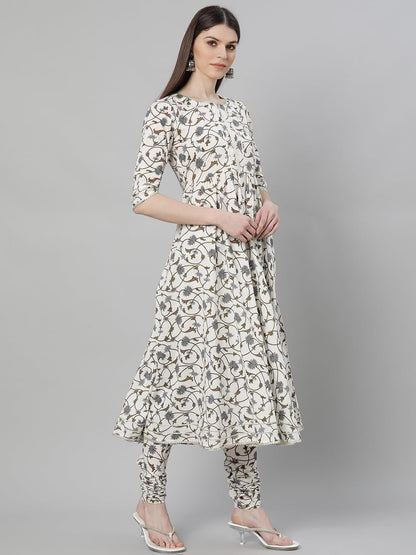 Libas White Printed Cotton Anarkali Kurta With Churidar & Dupatta