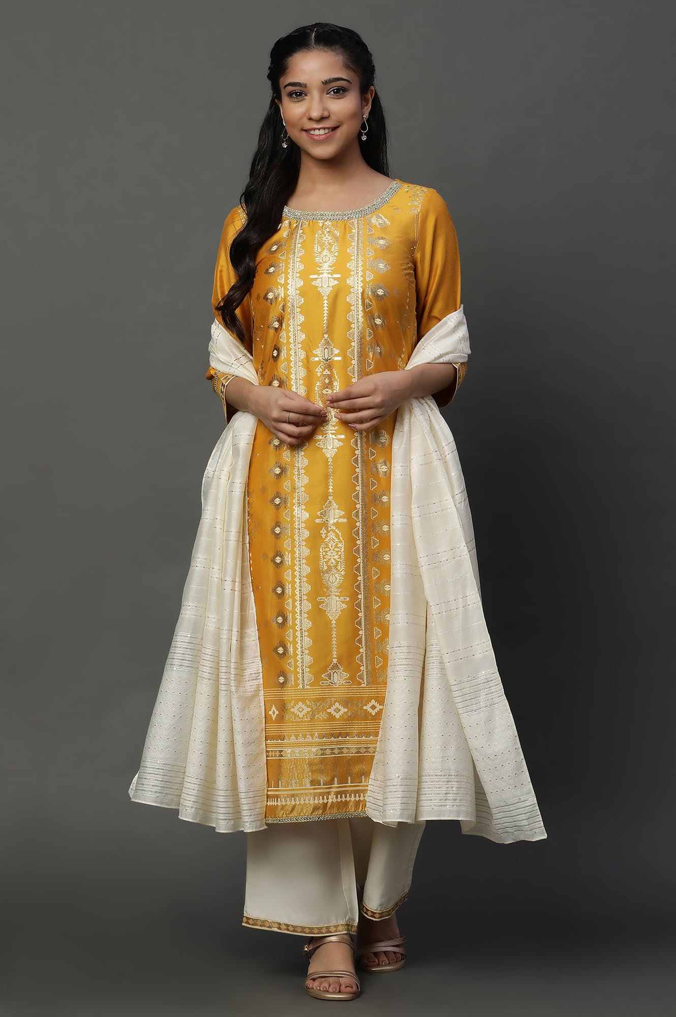 Aurelia Yellow Abstract Printed Geometric Printed Blend Kurta Dupatta Bottomwear