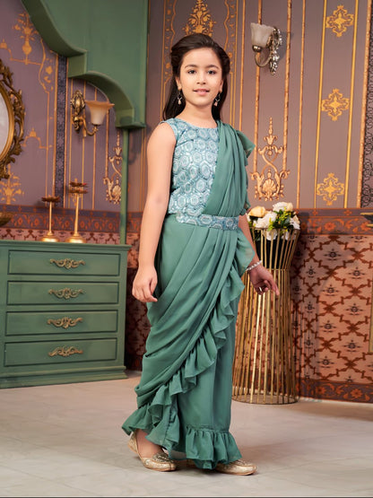 Aarika Girls Ethnic Wear Green Colour Sequin Embroidery Georgette Lehenga Choli Set With Attached Dupatta-4-13 Years (LCH-SHM-50