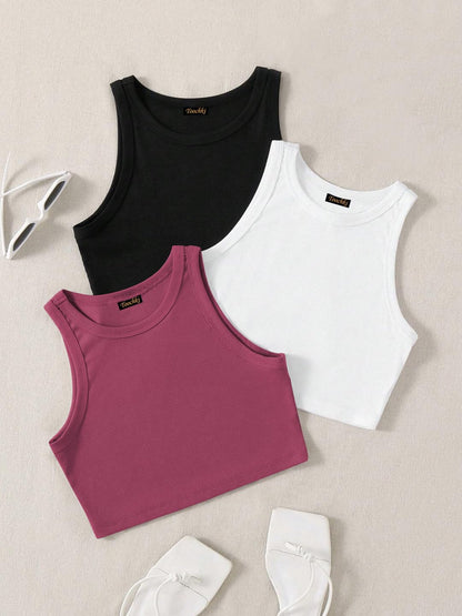 Toochki Tops for Woman | Spandex Top | Crop | Short | Western | for Jeans | Sleeveless | Stretchable | Pack of Three | Black-Whi