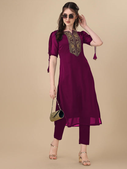Goroly WomenS Silk Blended Solid Embroidered Pattern Straight Cut Kurta Pant With Puff Sleeve V-Neck Ankle Length And A-Line St