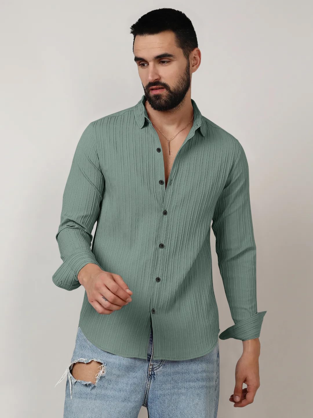 Finivo Fashion MenS Casual Cotton Plain Button Down Shirts Long Sleeve Textured Summer Beach Shirt For Men Green