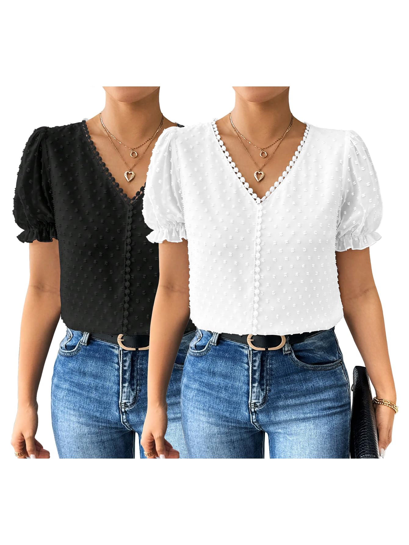 Shasmi Womens Black and White Elegant French Textured Fabric Solid Black Color Lace Panel V-Neck Jacquard Blouse,Short Puff Sle
