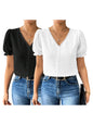 Shasmi Womens Black and White Elegant French Textured Fabric Solid Black Color Lace Panel V-Neck Jacquard Blouse,Short Puff Sle