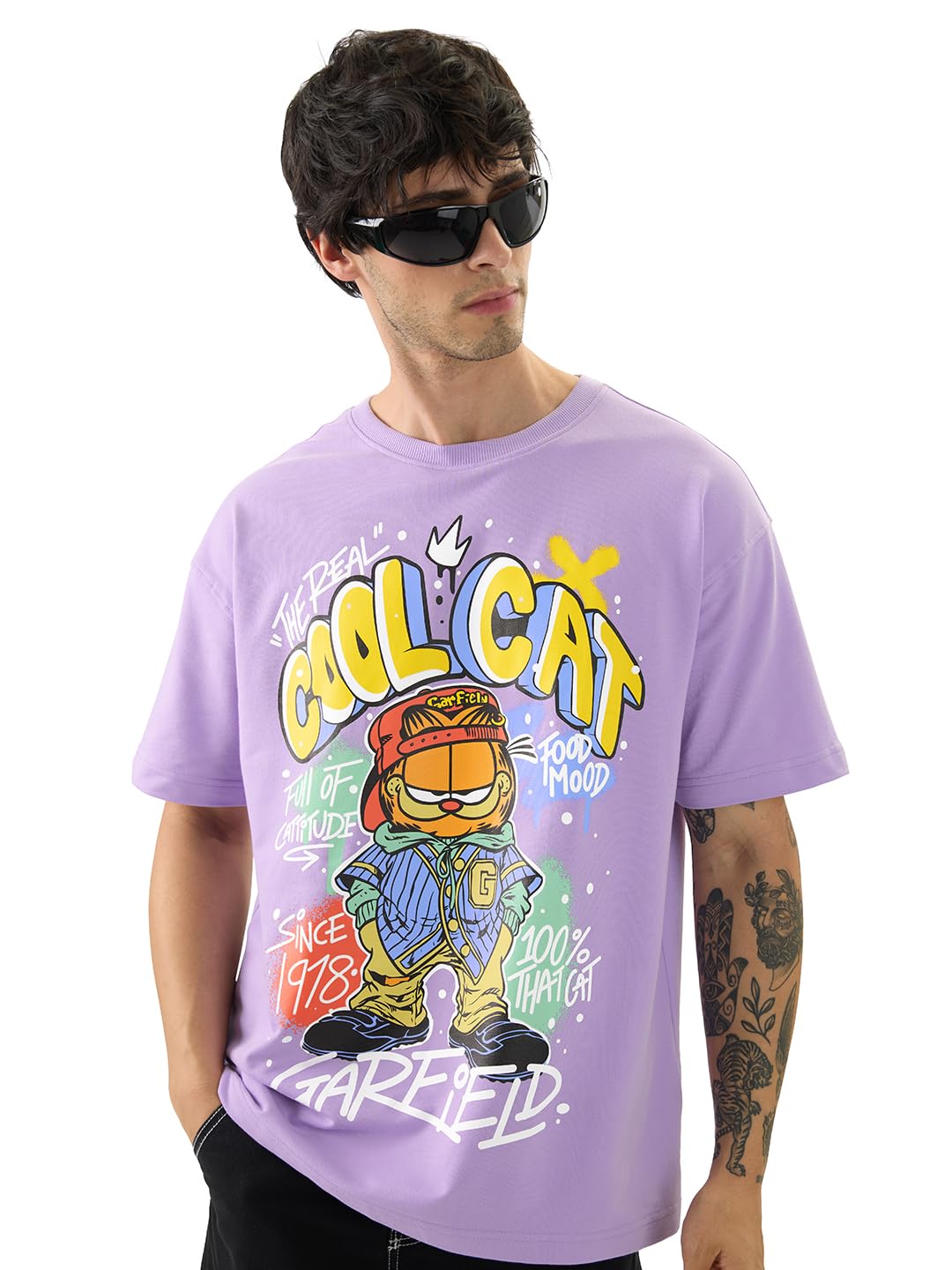 The Souled Store Official Garfield: Cool Cat Men and Boys Short Sleeve Round Neck Purple Graphic Printed Cotton Oversized T-Shir