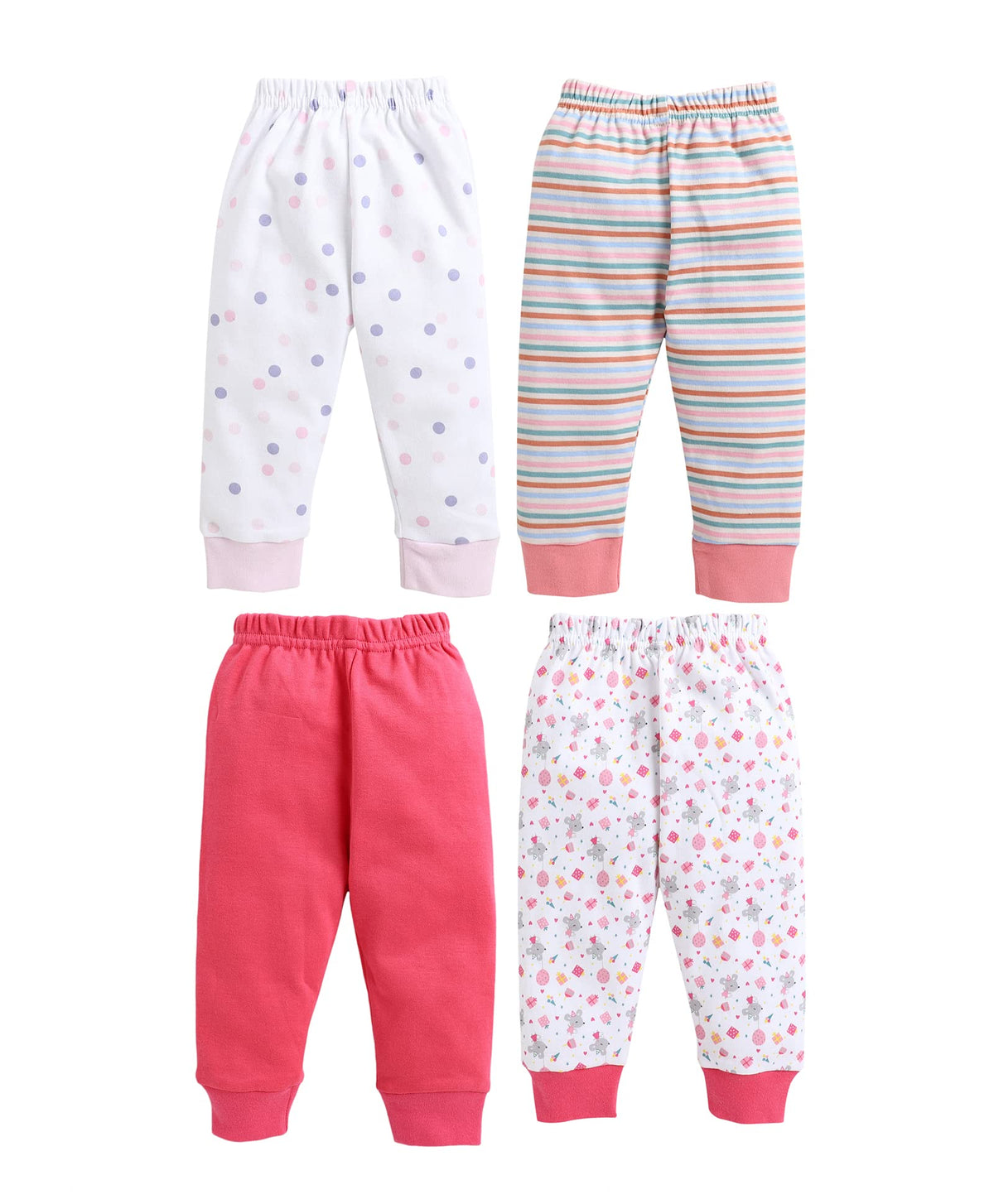 BUMZEE Pink & White Full Length Pajamas for Girls Pack of 4 Age - 3-6 Months