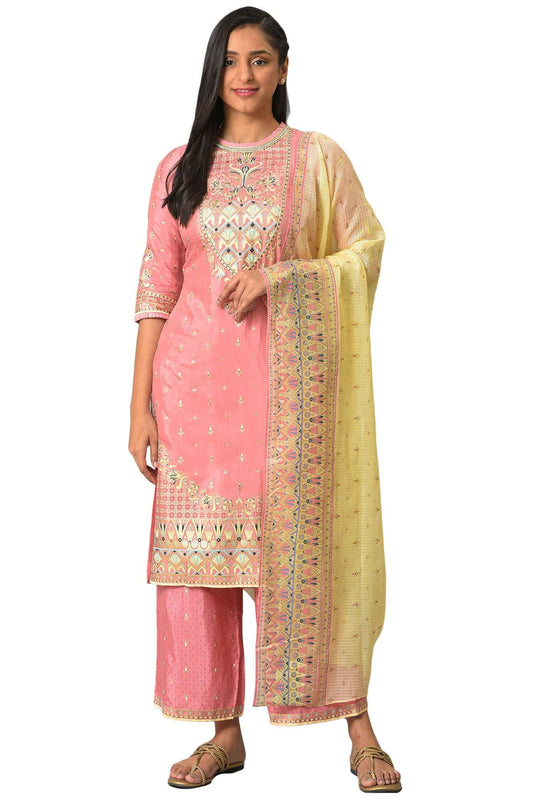 Aurelia Pink Festive Kurta With Narrow Palaza And Yellow Dupatta