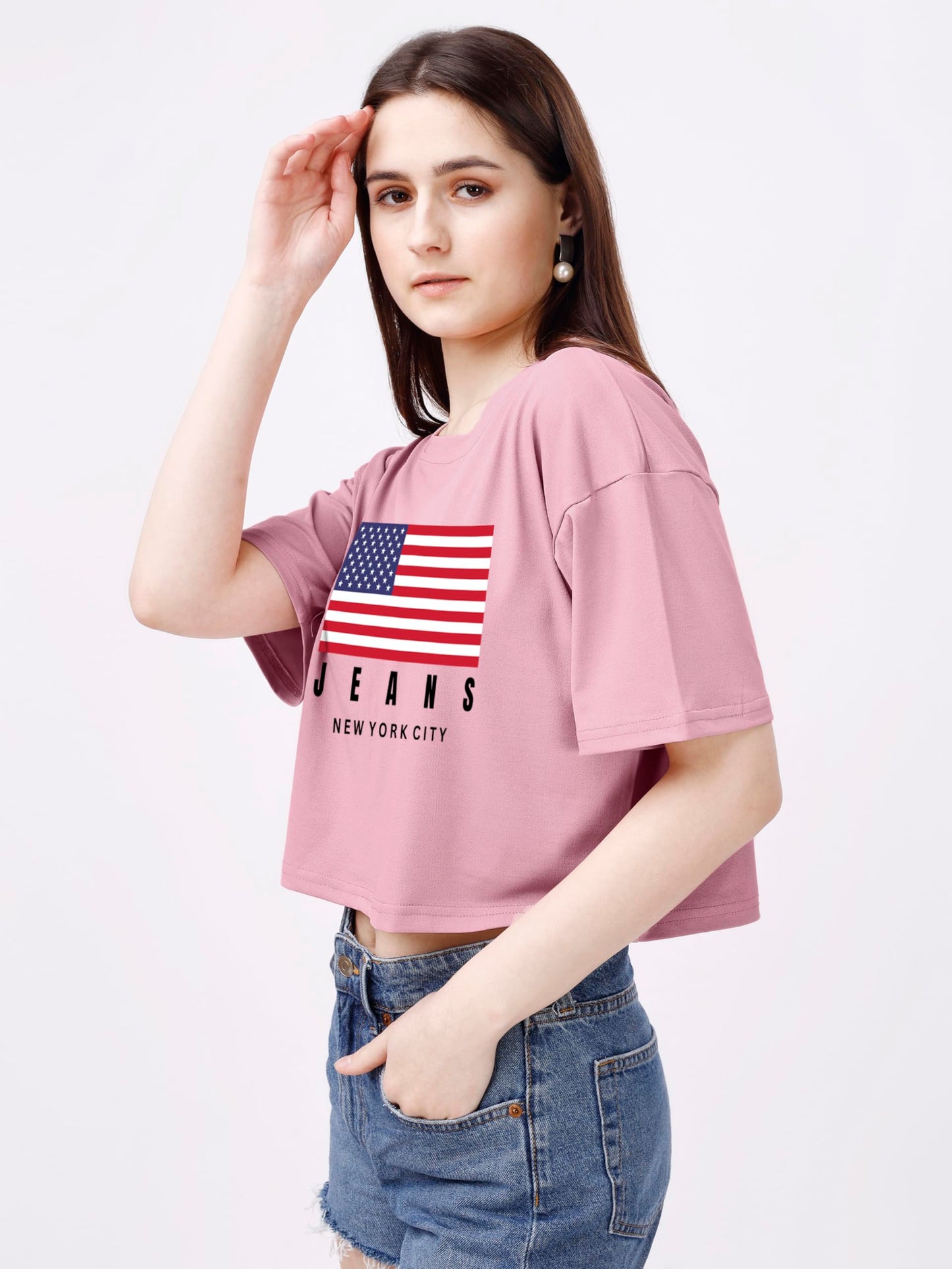 ELLITI Soft Rich Cotton Rose Gold Half Sleeve | Round Neck | Oversized/Loose Fit | Down Solder | US Flage Print Crop Top for Wom
