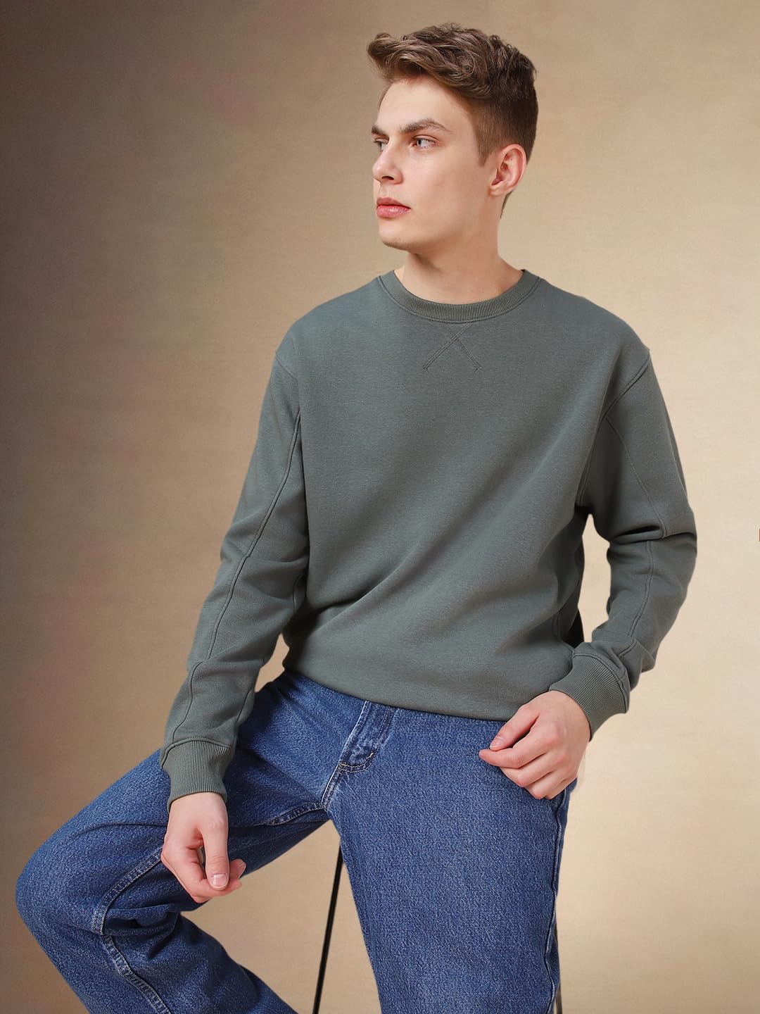 Dennis Lingo Men Green Solid Cotton Relaxed Fit Full Sleeve Sweatshirt