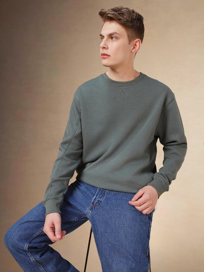 Dennis Lingo Men Green Solid Cotton Relaxed Fit Full Sleeve Sweatshirt
