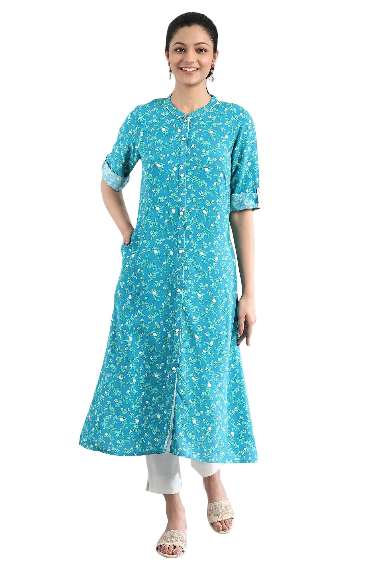 Aurelia Women's Viscose Regular Fit Casual Ethnic Floral Print Regular Kurta in Band Collar
