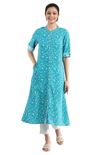 Aurelia Women's Viscose Regular Fit Casual Ethnic Floral Print Regular Kurta in Band Collar