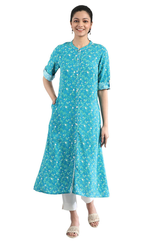 Aurelia Women's Viscose Regular Fit Casual Ethnic Floral Print Regular Kurta in Band Collar